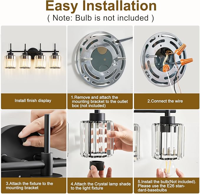 EJIAXIN 4 Light Round Crystal Vanity Lights, Modern Black Crystal Wall Light