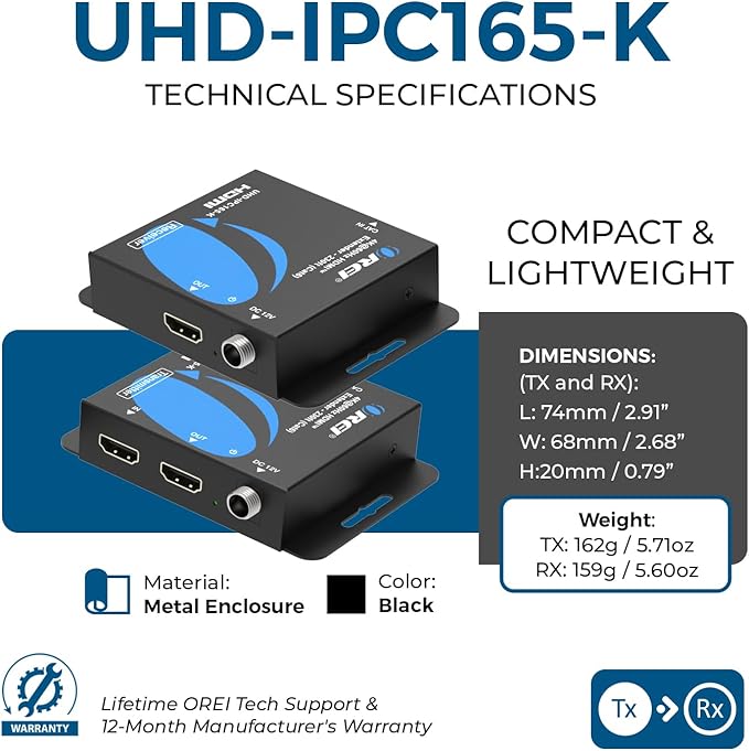 OREI 4K HDMI Extender Balun UltraHD 4K @ 60Hz 4:4:4 Over Single CAT6/7 Cable