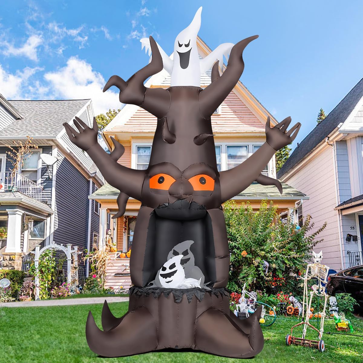 GOOSH 9 FT Halloween Inflatable Animated Dead Tree Outdoor Decorations Blow Up Yard Scary Tree And White Ghost With Built-In LEDs For Outdoor Garden Lawn Party Decor