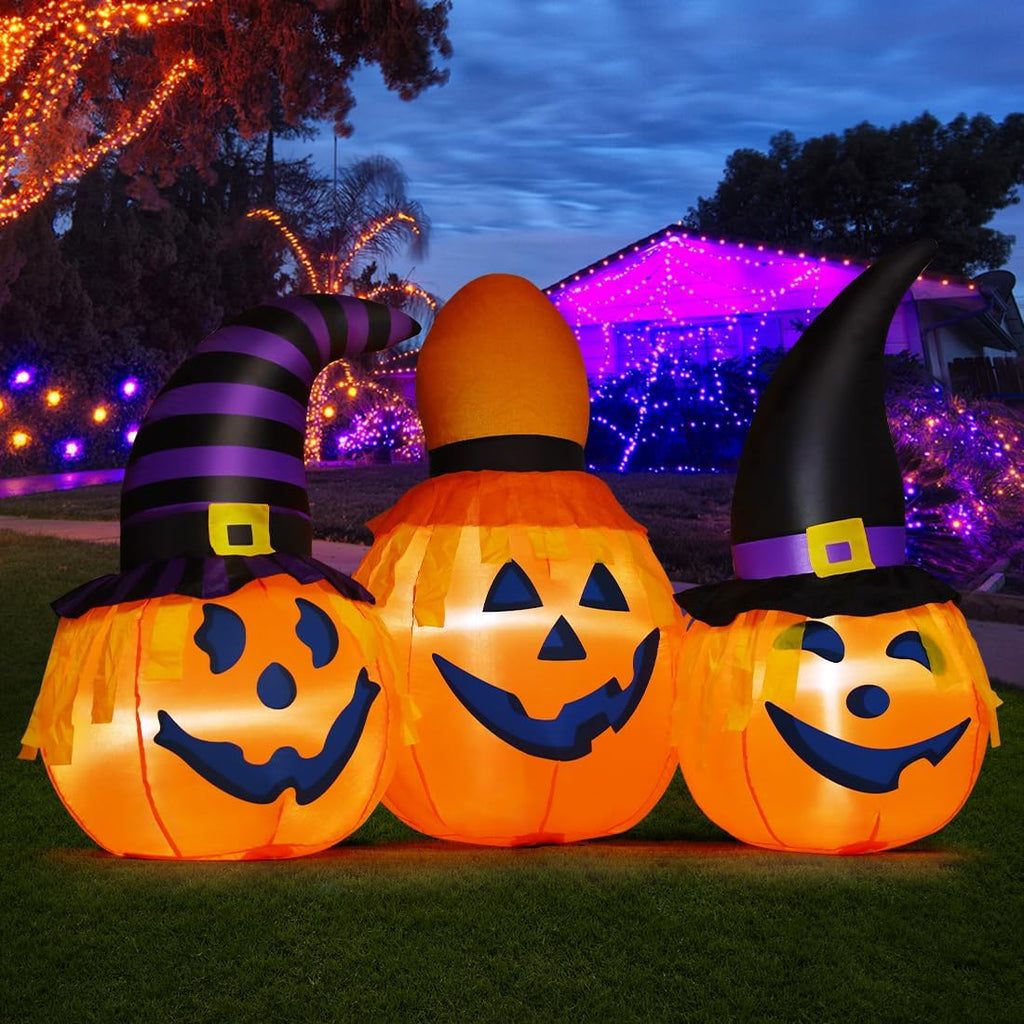 GOOSH 6 FT Halloween Inflatables Outdoor Pumpkin Combo with Wizard hat Blow Up Yard Decoration with LED Lights Built-in for Holiday Party Yard Garden