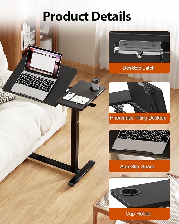 Overbed Table with Wheels, Pneumatic Height Adjustable Overbed Bedside Table