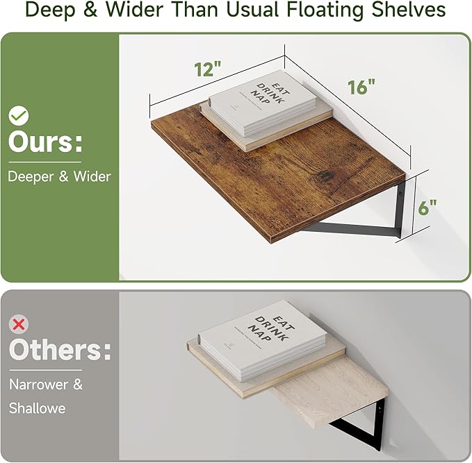 Heimlove 12 Inch Deep Floating Shelves (Set of 4)
