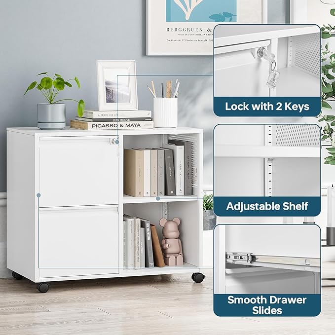 MIIIKO 2 Drawer File Cabinet on Wheels, Metal Filing Cabinets