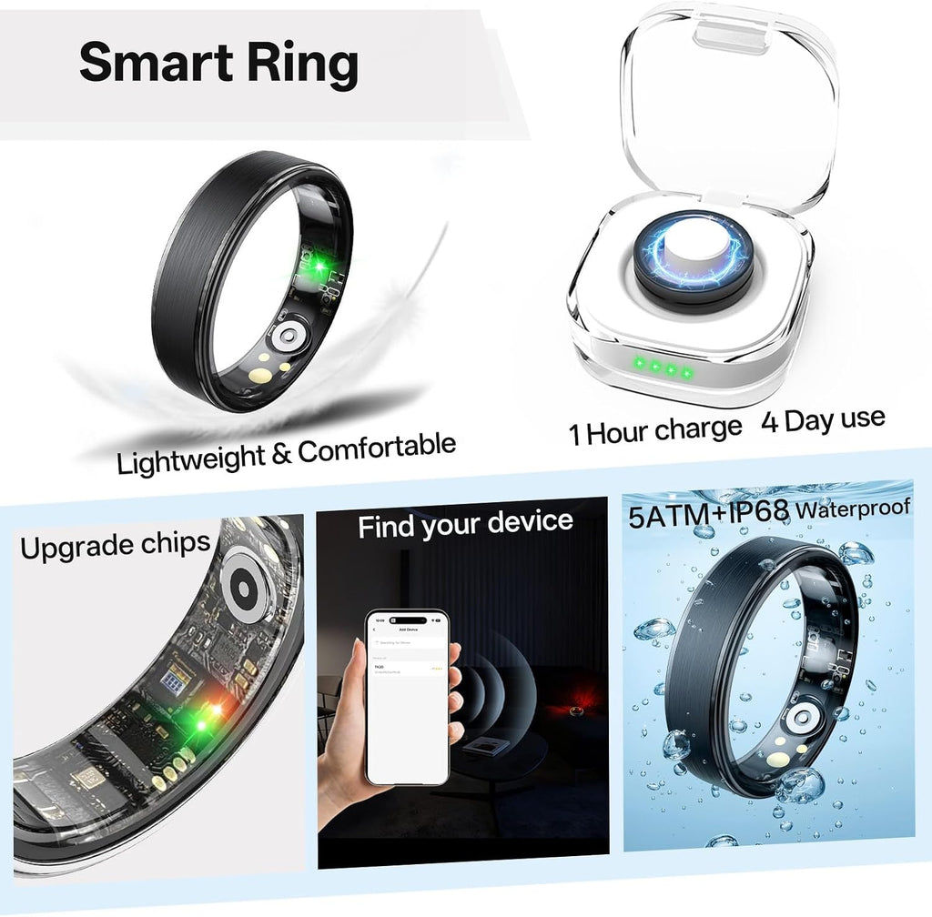 smart ring, fitness & health tracker/sleep/hrv/heart rate/spo2 (black,11#) on a desk or shelf