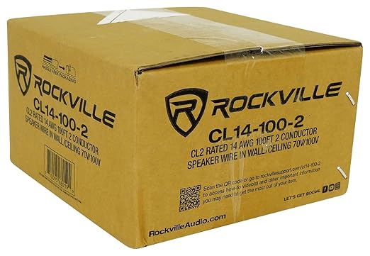 Rockville CL14-100-2 14 AWG 100ft Speaker Wire, CL2 Rated, 70V/100V Compatible