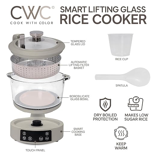 COOK WITH COLOR 3L Glass Mini Low Carb Rice Cooker – Holds 2 Cups Raw/Makes 6