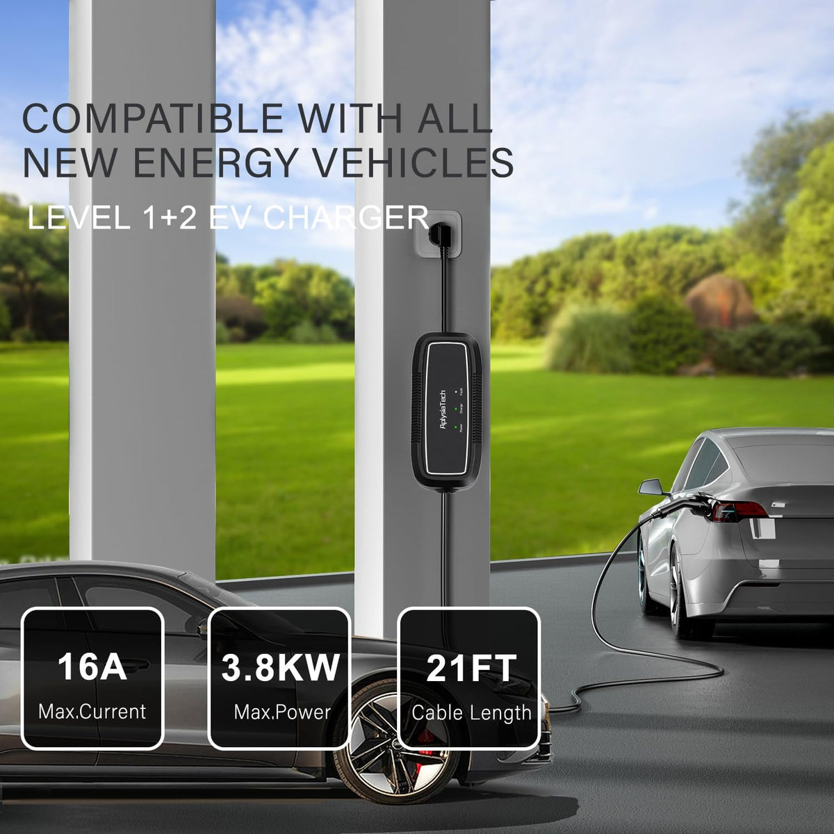 Level 1+2 EV Charger, 16Amp 110-240V, Portable SAE J1772 Electric Car Chargers, Plug-in EV Charging Station for Home,21 Ft Level 2 Charger Cable NEMA 6-20Plug(Tesla Need Adapter)