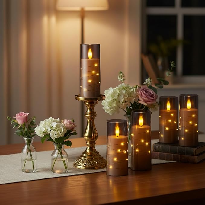 Raycare Flameless Candle with Remote Timer – 9 Flickering Acrylic Battery Operated LED Pillar Candles with Embedded Star String for Halloween, Fall Decor, Harvest Festival Gifts(Grey) (9 Pcs)