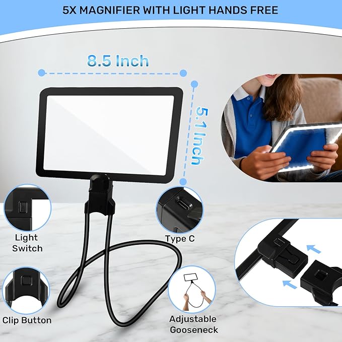 5X Neck Magnifying Glass with Light, Magnifier with Light Hands Free, Full Book