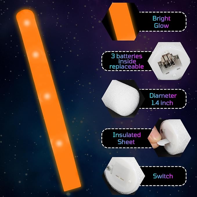 Foam Glow Sticks Bulk, 30 PCS Orange Light Up Foam Sticks 3 Modes, Glow Party Supplies for Wedding,Raves, Carnival, Concert, 4th of July, Halloween, Christmas, New Year