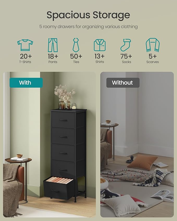 SONGMICS Dresser for Bedroom, Chest of Drawers, 5 Non-Woven Fabric Drawers
