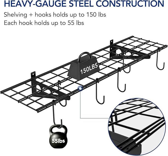 FLEXIMOUNTS Garage Wall Shelving, 1x4 ft, Includes 6 Bike Hooks, Wall Shelf