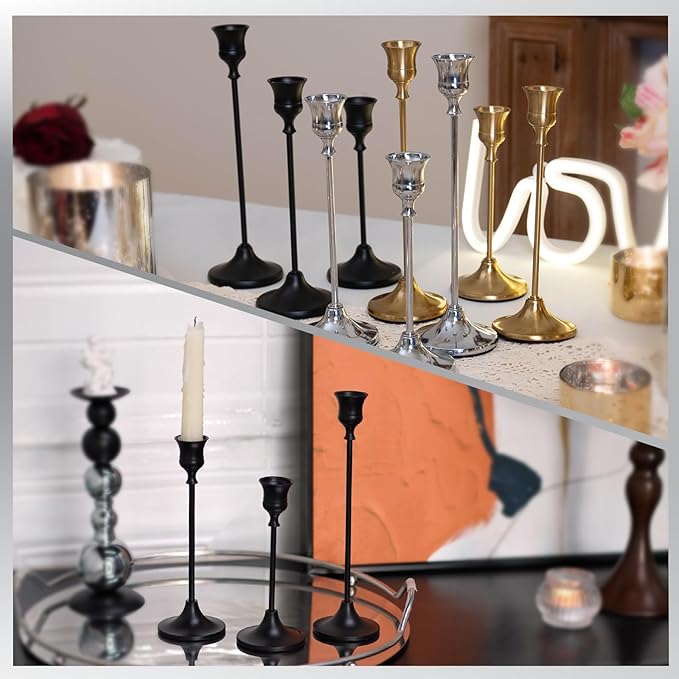 CHILL RECIPE Black Candlestick Holder Tall Taper Candle Holder for Home Decor Table Centerpiece Party Festival Decorations Halloween Decoration (4 Set 12Pcs)