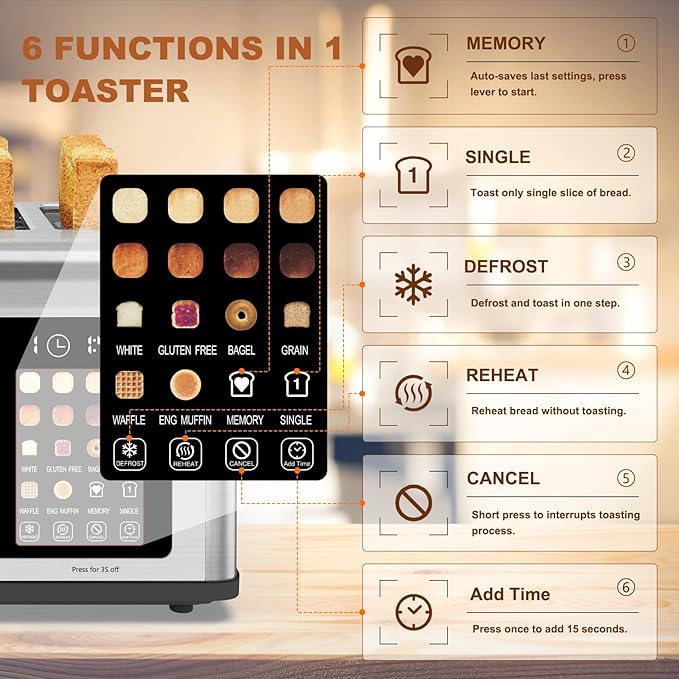 4 Slice Toaster Touch Screen, Stainless Steel Toasters Digital Timer, Dual