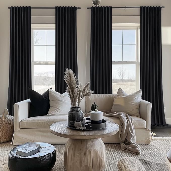 Black Curtains for Bedroom 90 Inch Long 2 Panels Set