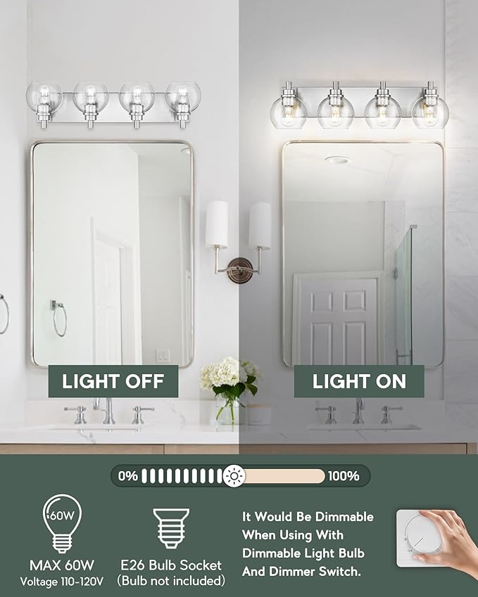 METWET Bathroom Light Fixtures, 4 Light Brushed Nickel Vanity Light, 26 Inch