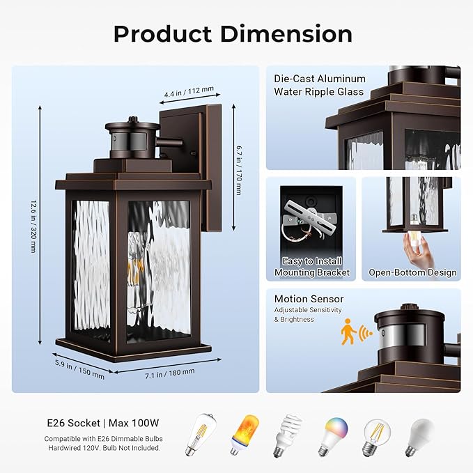 VIANIS Motion Sensor Outdoor Light Fixture, 2 Pack Oil-Rubbed Bronze,