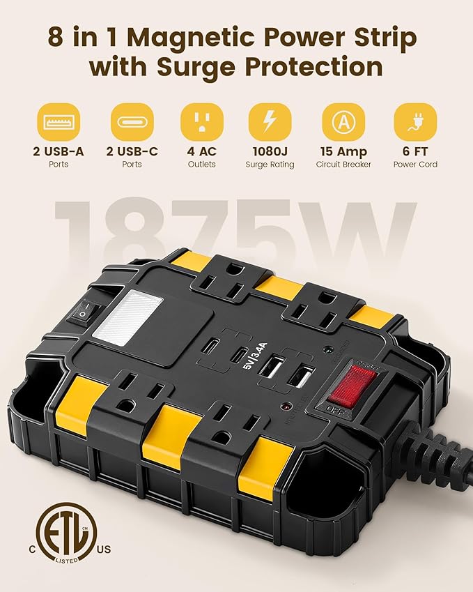 SURAIELEC Magnetic Power Strip, 1080J Surge Protector, 4 Outlets, 2 USB-A & 2