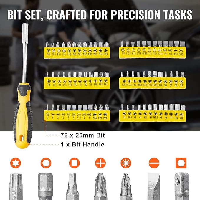 VEVOR Mechanics Tool Set 207 Pieces 1/4" 3/8" 1/2" Drive Sockets -SAE and