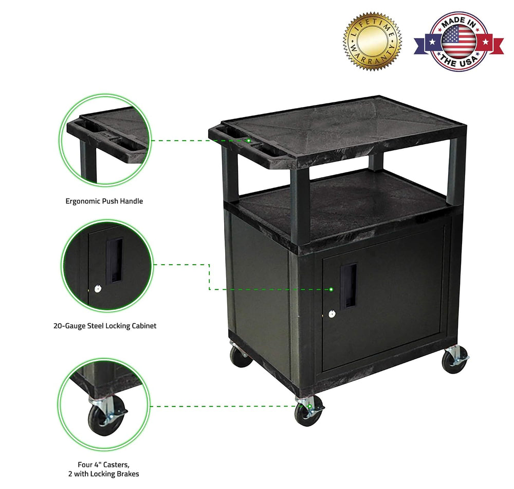 H Wilson WT34C2E 3-Shelf AV Cart with Cabinet, Tuffy, Black