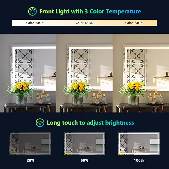 YEELAIT 57x36 Inch RGB LED Bathroom Mirror Front Light and RGB Backlit Lighted