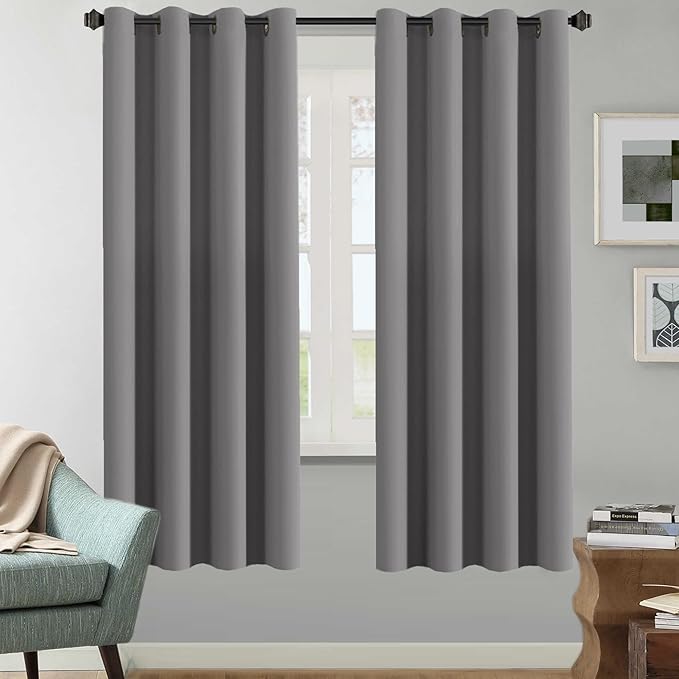H.VERSAILTEX Solid Grey Color Thermal Insulated Blackout Curtains Metal Grommet (Set of 2)