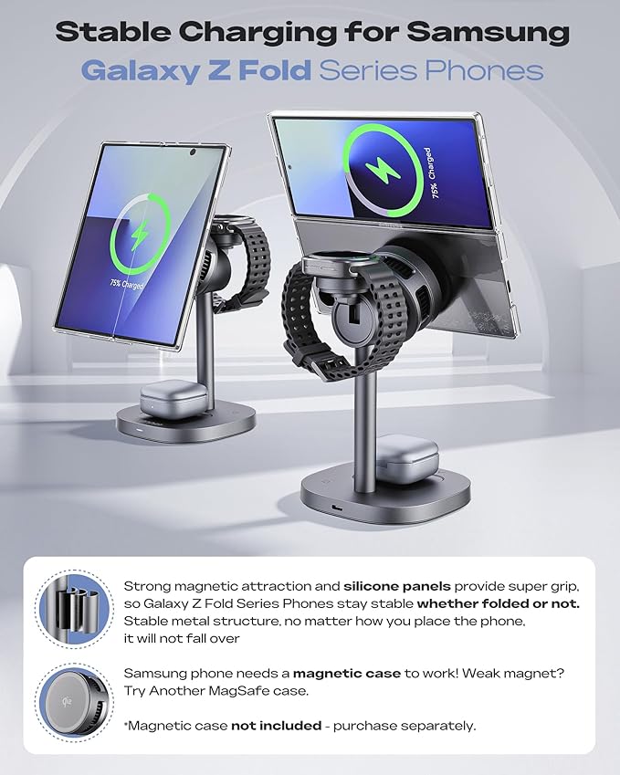 Magnetic Wireless Charger for Samsung, Qi2 Certified Fast 15W 3 in 1 Charging