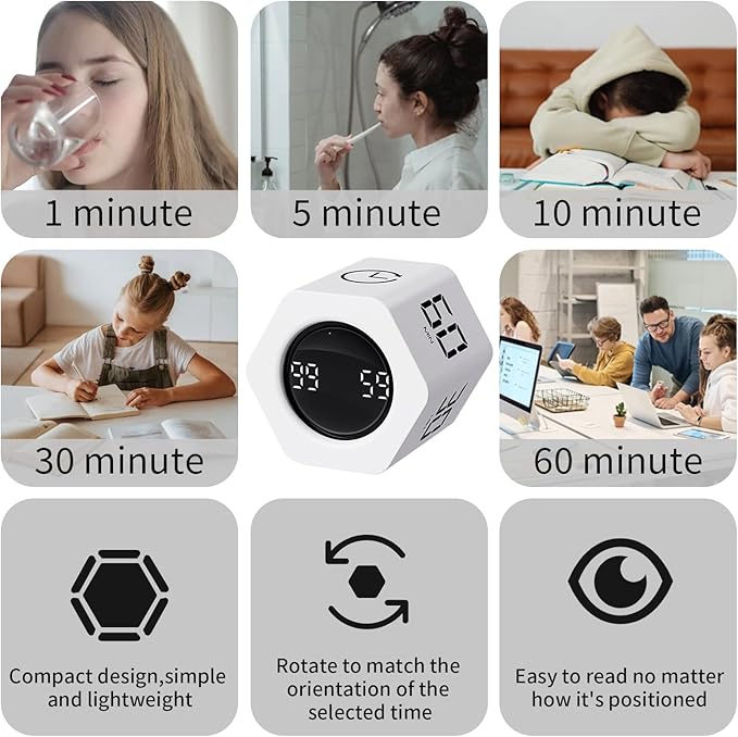 Productivity Timer Flip Gravity Sensor Cube Timer Countdown & Countup, Mute &
