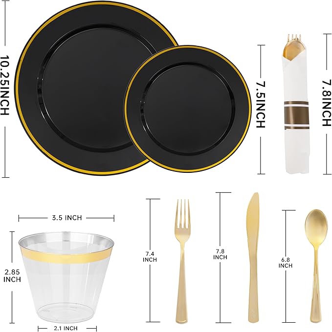 SUT 175 Pcs Black and Gold Plastic Dinnerware Set for 25 Guests, Include: 25 Dinner Plates, 25 Dessert Plates, 25 Pre Rolled Napkins With Silverware, 25 Cups, Disposable Plates for Halloween, Party