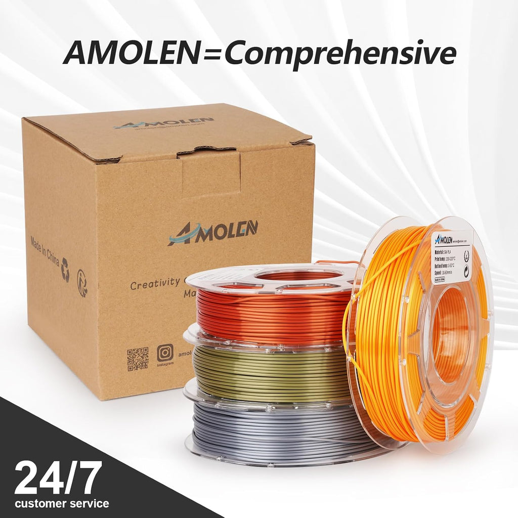 AMOLEN PLA 3D Printer Filament PLA Filament 1.75mm Silk Filament Bundle,Gold, Silver,Bronze, Red Copper,3D Printing Filament Bundle, 200gX 4 Spools