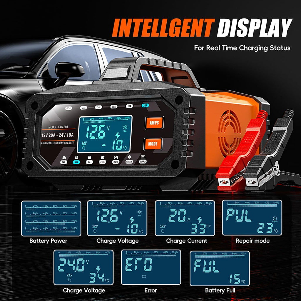 upgraded battery charger 0-20a 12v/24v adjustable current battery, side view