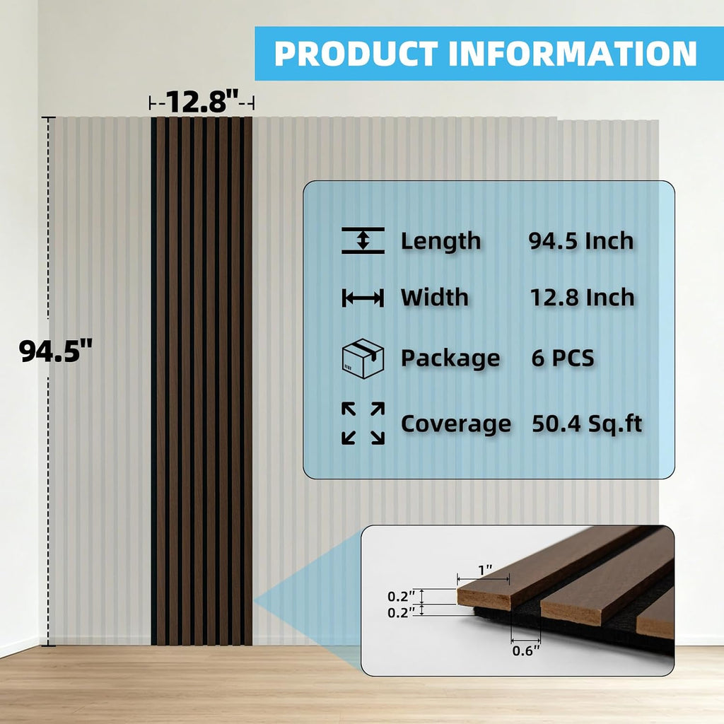 Art3d 94 x 12.6 Inch Acoustic Wood Slat Wall Panel, 6-Piece, Walnut