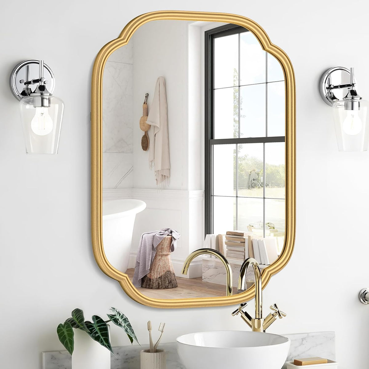 Ferytange Gold Mirrors for Bathroom, 18" x 24" Rectangular Wall Mirror for Bathroom Metal Frame Farmhouse Rounded Corner Wall Mirror (Horizontal/Vertical)