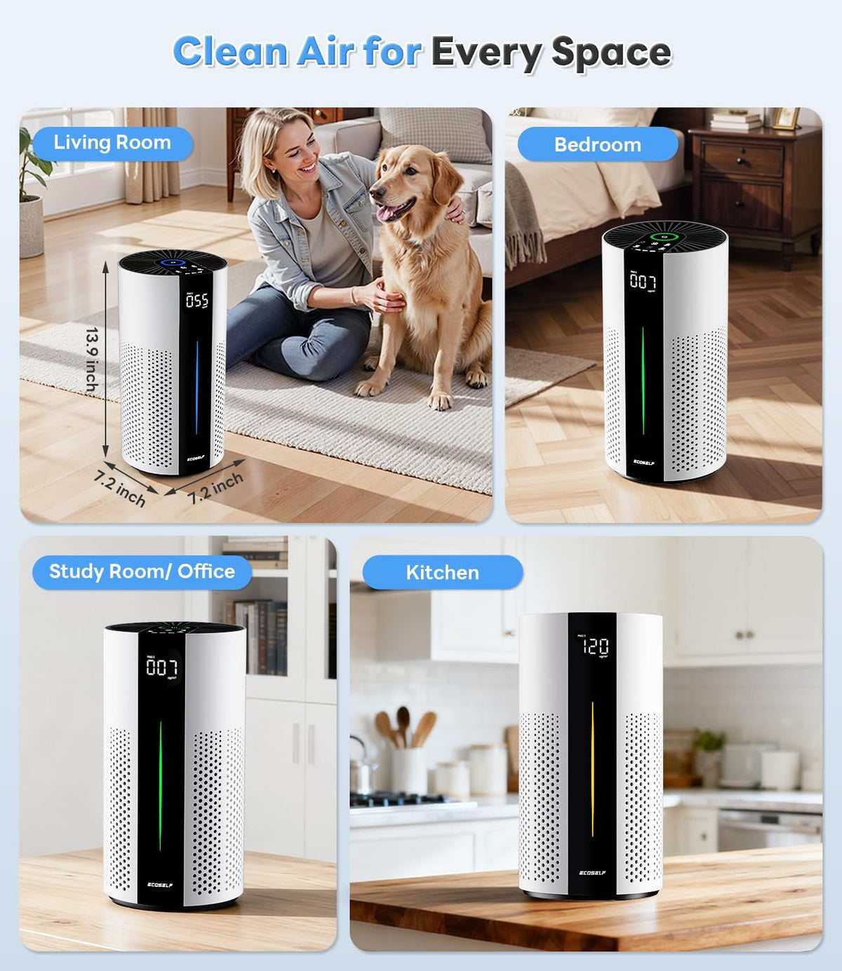 ECOSELF Air Purifiers for Home Large Room Up to 1800 Ft², HEPA Air Purifier