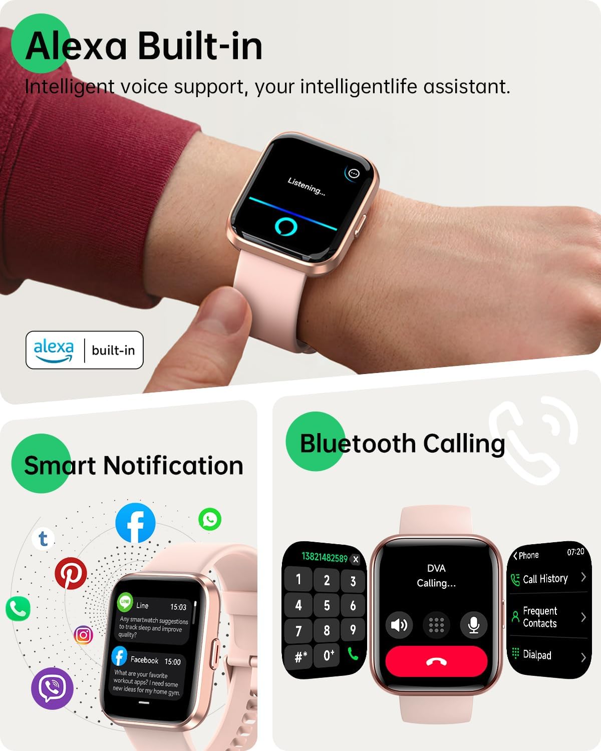 smart watches for women, 1.83" alexa smart watch shown in use