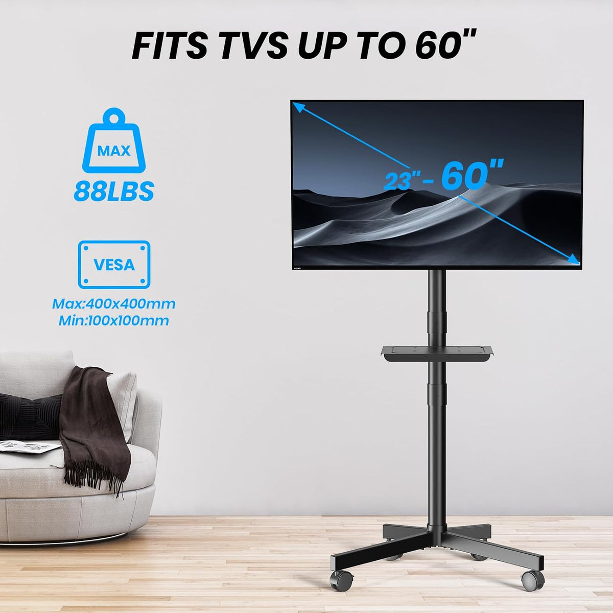 Mobile TV Cart for 23-60 Inch LCD LED OLED Flat Curved Screen TVs - Height Adjustable Rolling Floor Stand with Shelf and Locking Wheels - Up to 88lbs, Max VESA 400x400mm, Black