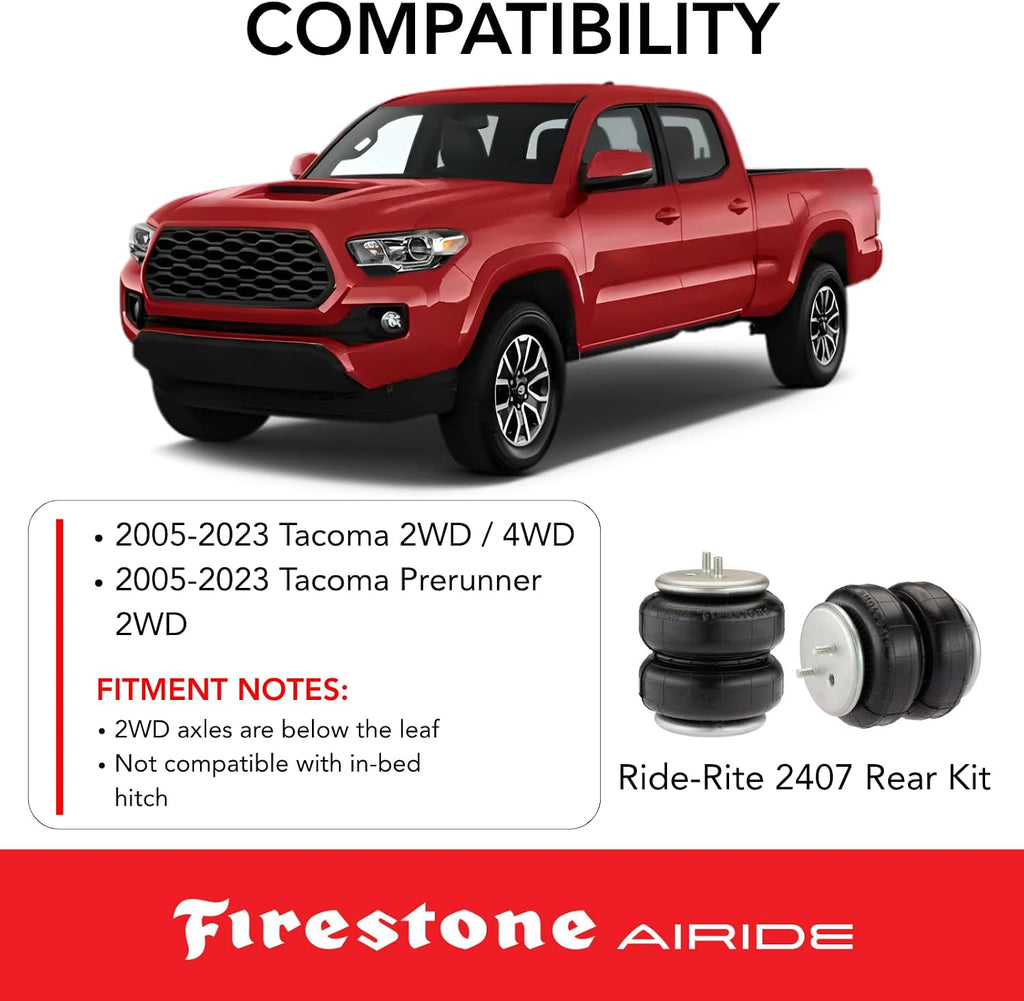 Firestone Airide 2407 Ride-Rite Rear Air Helper Springs Kit fits 2005-2023 Tacoma 2WD / 4WD & Tacoma Prerunner 2WD | Up to 5,000 lbs Load Leveling Capacity | 5-100 PSI | Easy Installation
