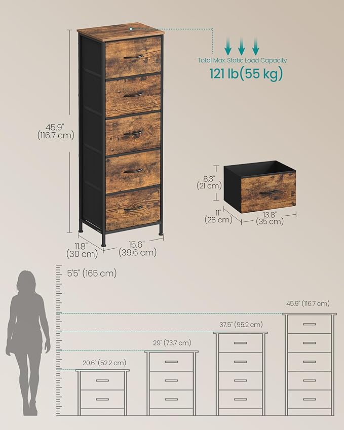 SONGMICS Dresser for Bedroom, Chest of Drawers, 5 Non-Woven Fabric Drawers