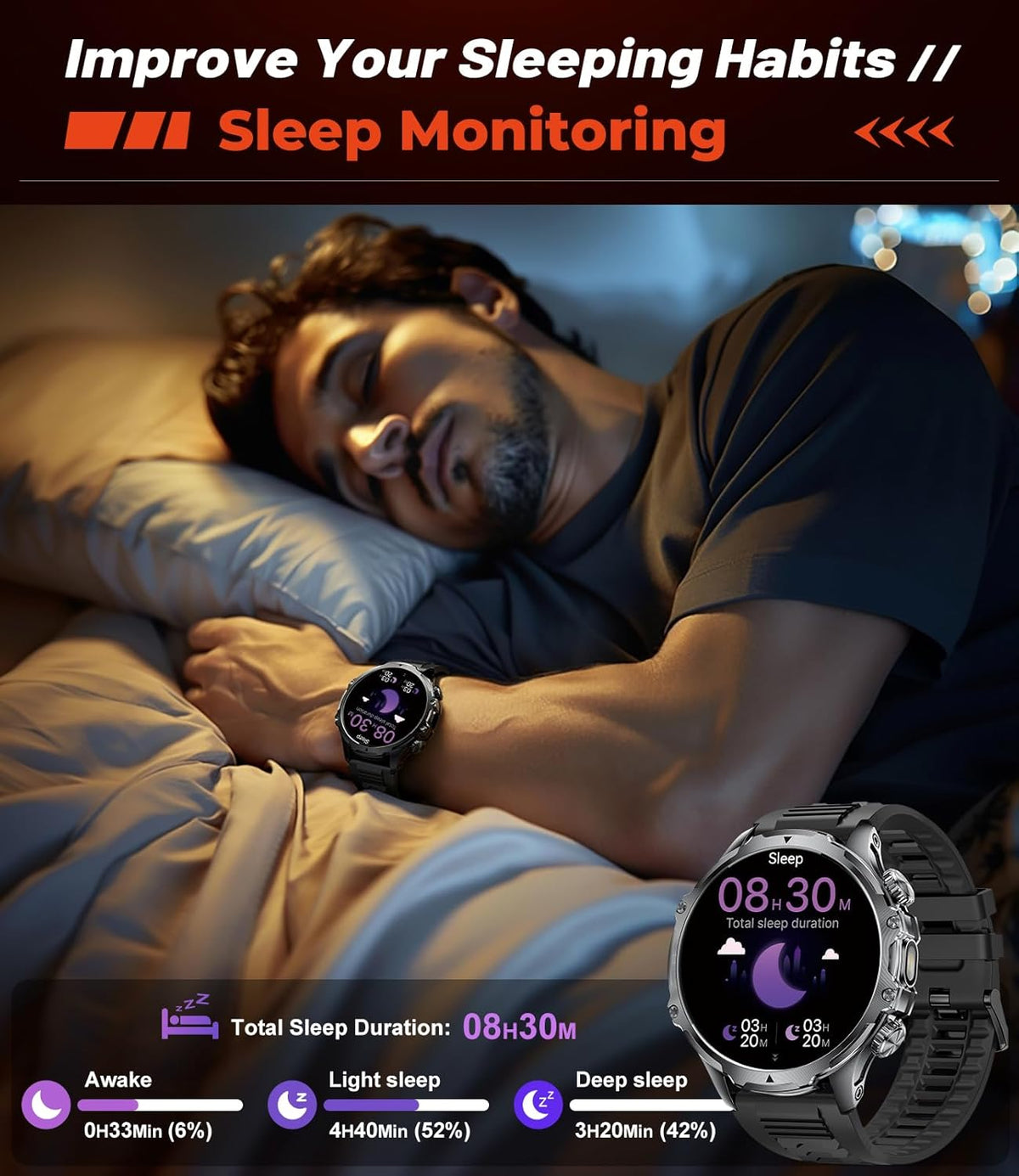 military smart watch for men, 1.85'' hd large, front angle view
