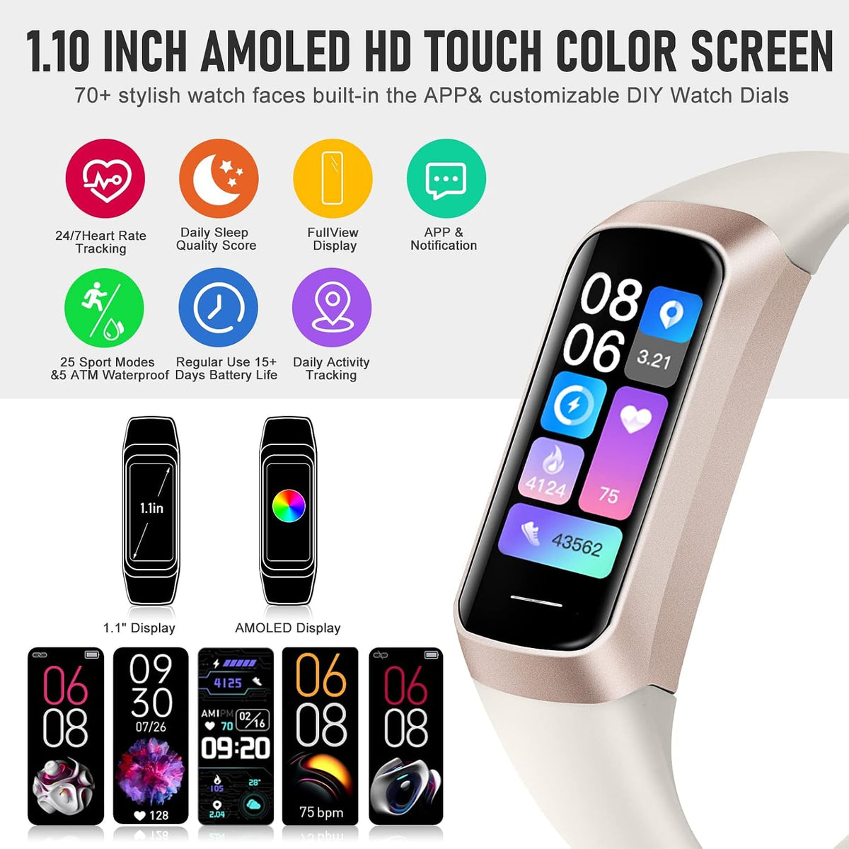 Fitness Tracker with 24/7 Heart Rate, Activity Trackers with Blood Pressure Sleep Monitor, 1.10" AMOLED Screen Step Tracker, Waterproof Step Counter, Health Smart Watch Pedometer for Women Men
