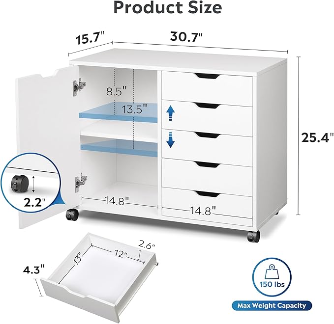 DEVAISE 5-Drawer Wood Drawer Cabinet, Office Storage Cabinet