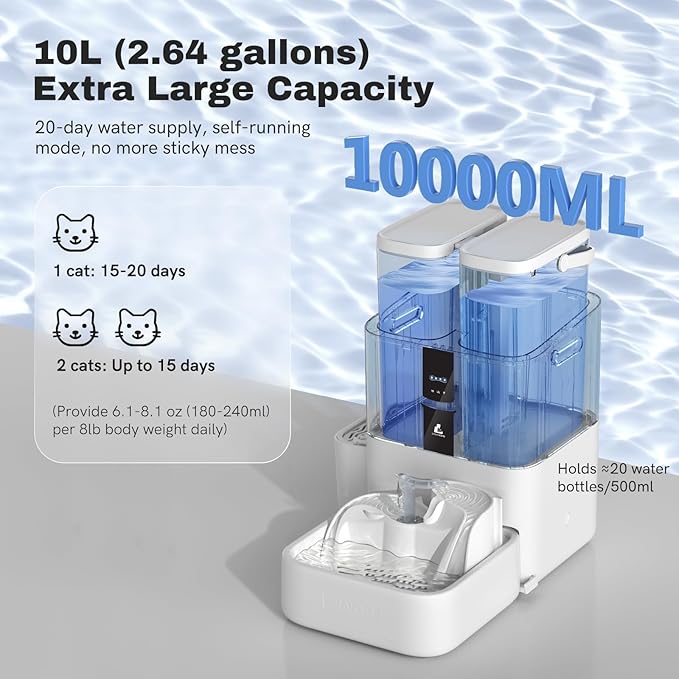 DailyFresh Cat Water Fountain 10L/338 oz Self Refilling, Pet Drinking Fountains