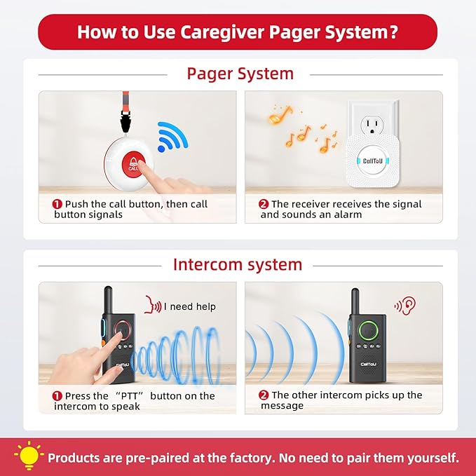 CallToU Caregiver Pager Wireless Alert Button Home Intercom System Long Range 2