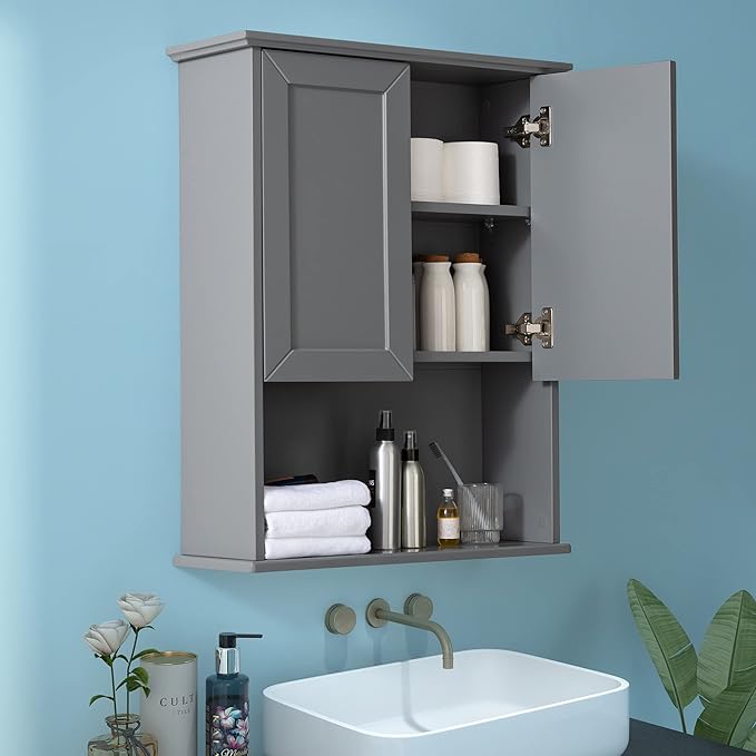 Grey Cabinet Wall Mounted with 2 Doors, Wooden Medicine Cabinet with Adjustable