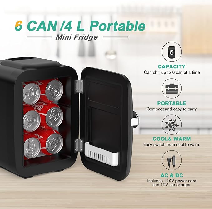 CROWNFUL Mini Fridge, 4 Liter/6 Can Portable Cooler and Warmer Personal Fridge