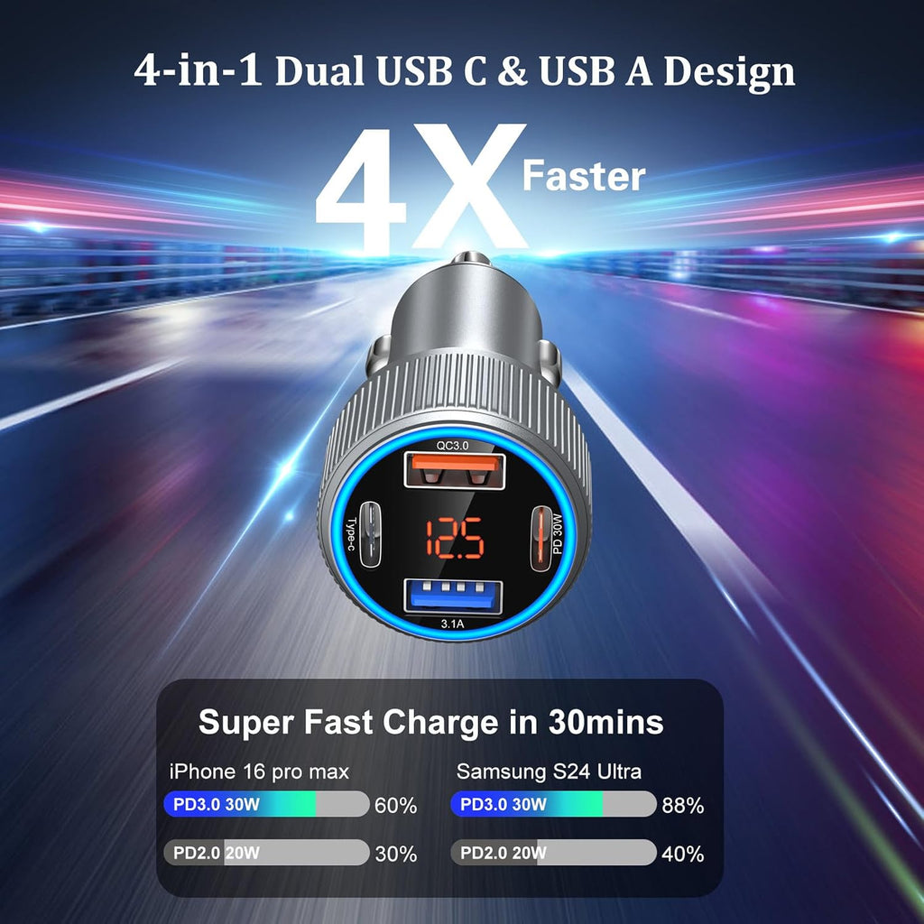 usb c car charger, 65w dual 12v usb shown in use