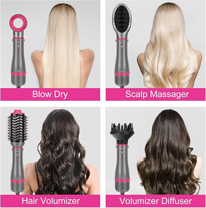 IG INGLAM 4 in 1 Blowout Brush, Negative Ion Detachable Hair Dryer & Styler