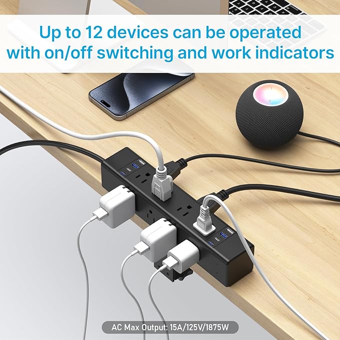 CCCEI Desk Outlet Station 20W USB C Port. 12 Outlet Desktop Clamp Power Strip