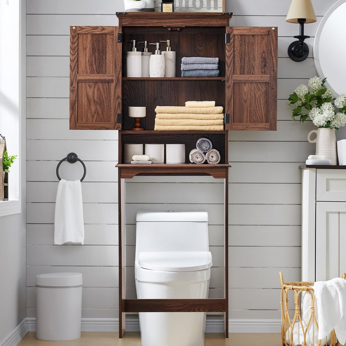 ACCOHOHO 67" Tall Farmhouse Over The Toilet Storage Bathroom Cabinet, Brown