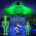 Alien Party Decorations 4.2FT Hanging Alien UFO Cow Abduction Inflatable with Cow&2pcs Jumbo Alien Halloween Inflatable UFO Built-in Green LED Blue&White Flashing Light Blow Up Yard Home Garden Decor